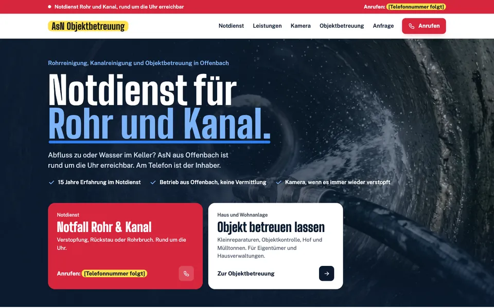 Erster Bildschirm Website C · Kräftiger Notdienst
