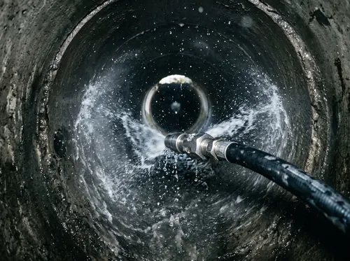Spüldüse in einem Kanalrohr, Wasser spritzt an die Rohrwand