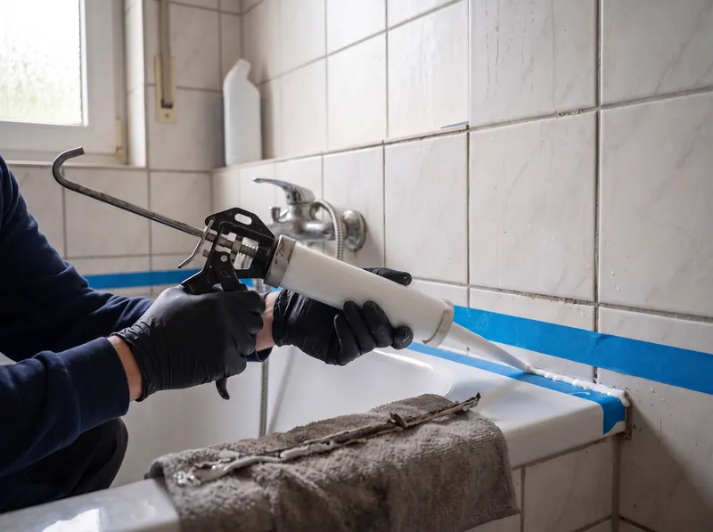 Neue Silikonfuge wird an einer Badewanne gezogen