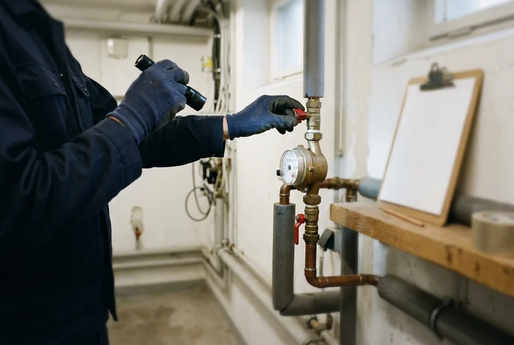 Kontrolle von Wasserzähler und Absperrventil im Hausanschlussraum