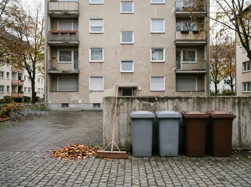 Gekehrter Innenhof eines Mehrfamilienhauses mit aufgereihten Mülltonnen