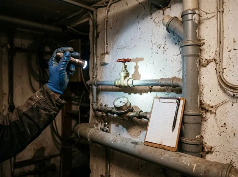 Kontrolle von Absperrventil und Wasserzähler im Keller mit der Taschenlampe
